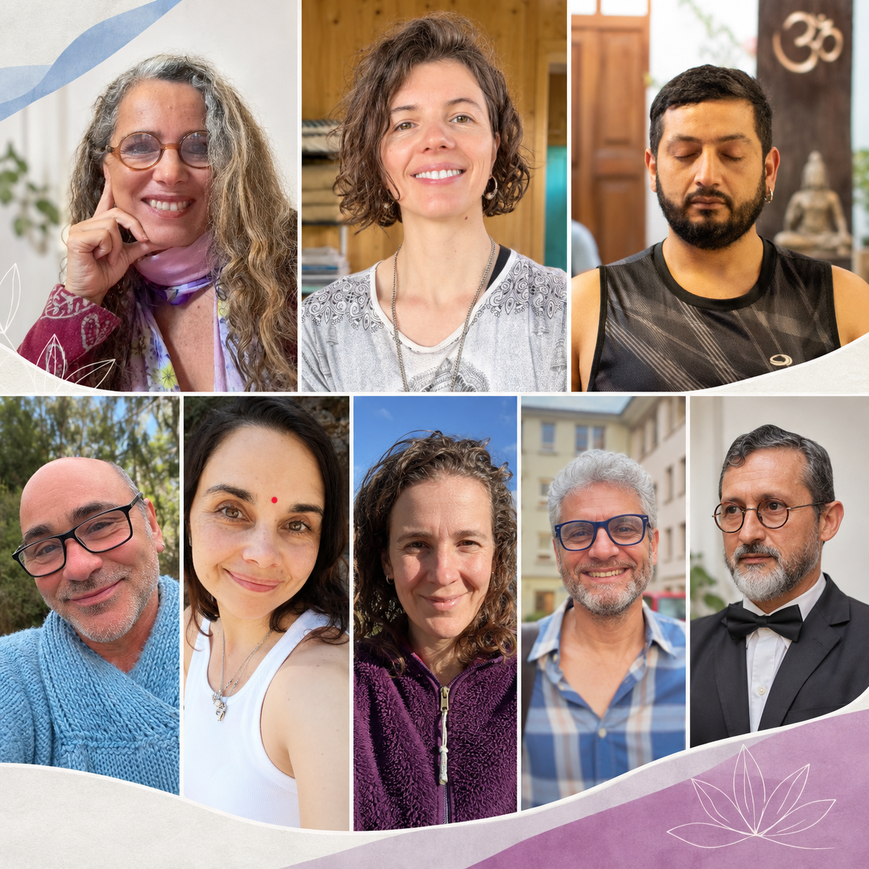 Collage sereno de maestros de yoga